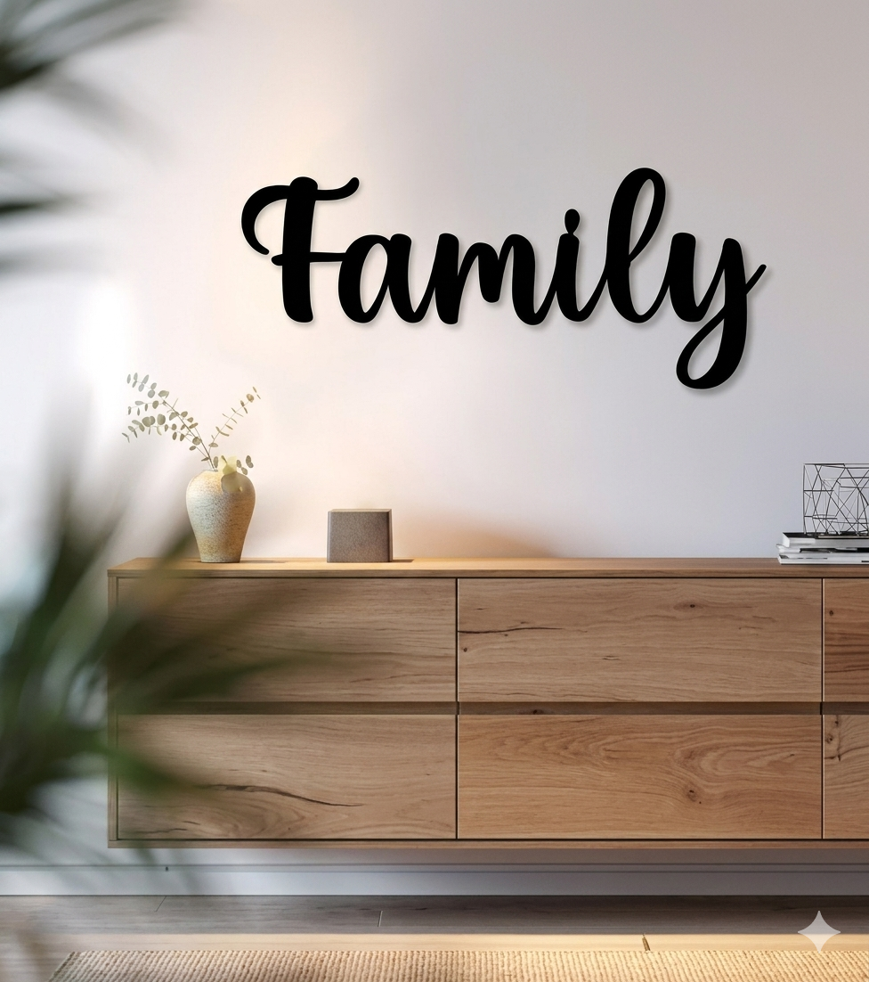 “Family” Script Metal Wall Art – Modern Geometric Framed Home Décor