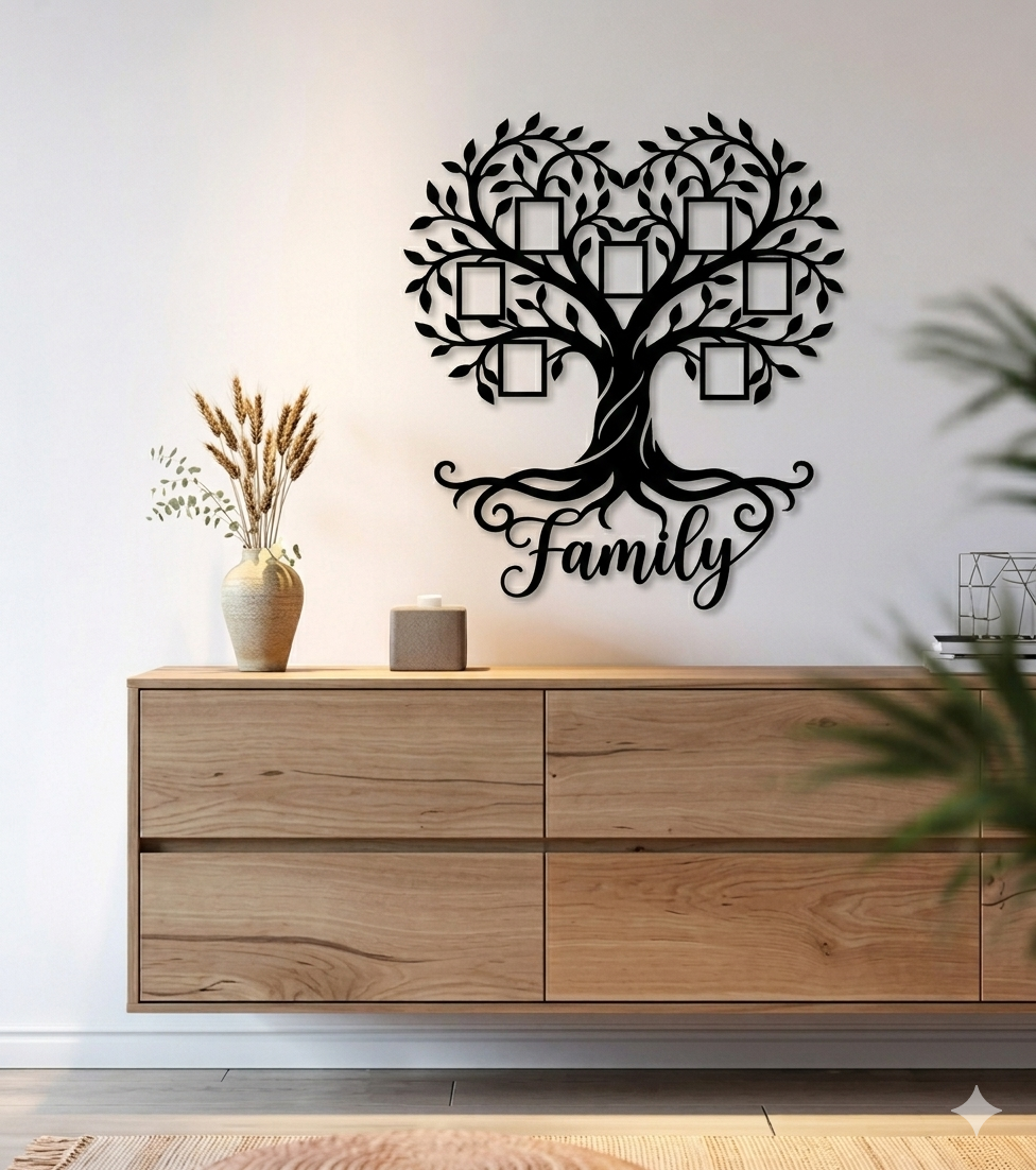 “Family” Script Metal Wall Art – Modern Geometric Framed Home Décor
